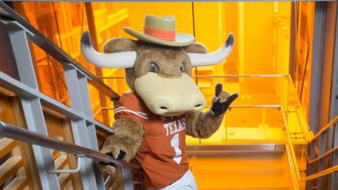 The Longhorn mascot throws a "horns up" on the steps of the GDC
