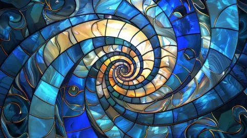 A mosaic image of a swirl with blue and orange coloring